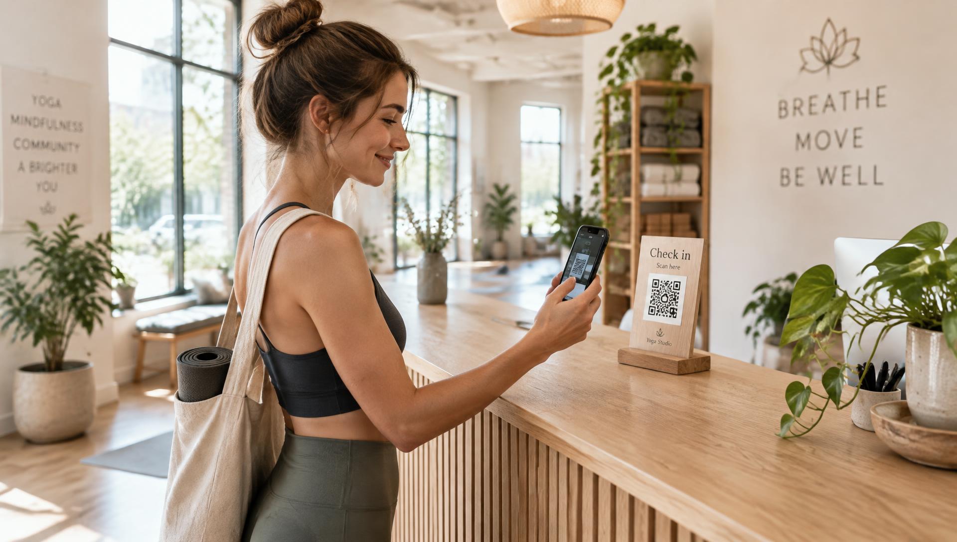 Woman scanning the check-in QR code at the reception desk of a yoga studio